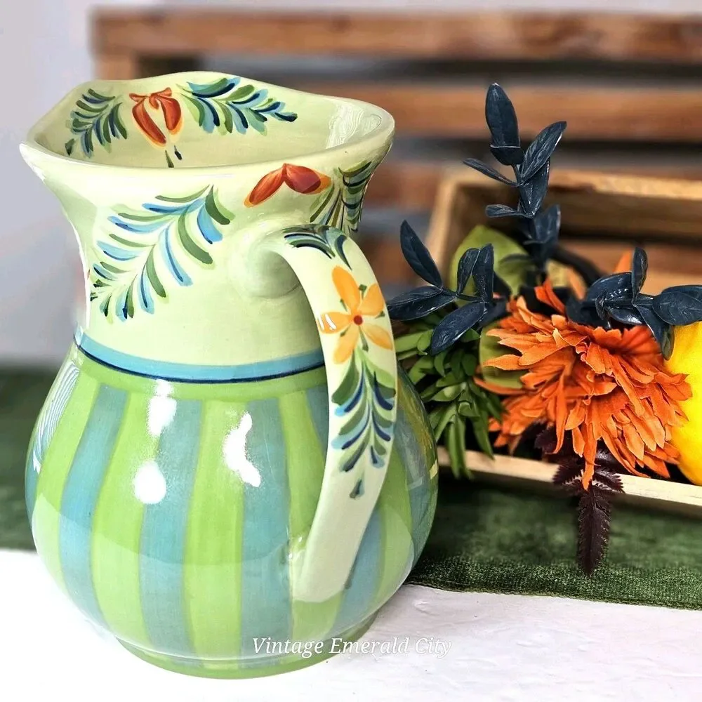 Vtg Large Provence Gail Pittman Water Pitcher Jug Flowers Green & Blue Stripes